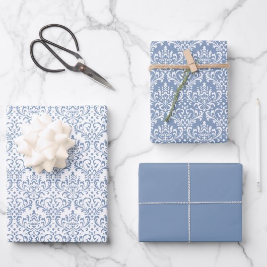 Dusty Blue Classic naadloos Damask-patroon Inpakpapier Vel (Voorkant)