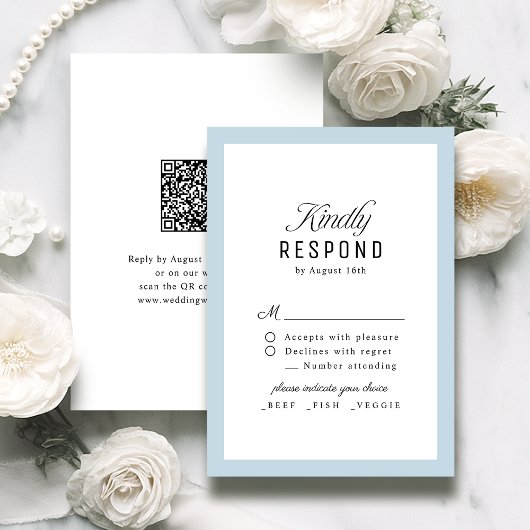 Dusty Blue Classy Script Elegant QR code Wedding RSVP Kaartje