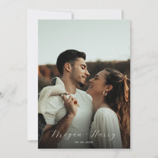 Dusty Blue Classy Script Modern Photo Wedding Kaart (Achterkant)