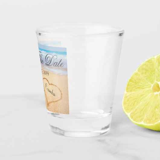 Dusty Blue Coastal Beach Wedding Bewaar de datum Shot Glas (Rechts)