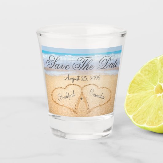 Dusty Blue Coastal Beach Wedding Bewaar de datum Shot Glas (Voorkant)