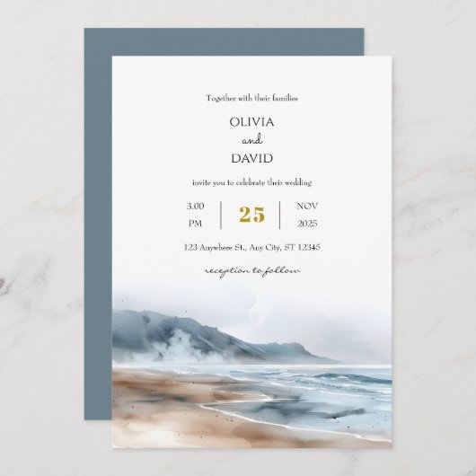 Dusty Blue Coastal Misty Shoreline Beach Wedding Kaart (Voorkant / Achterkant)