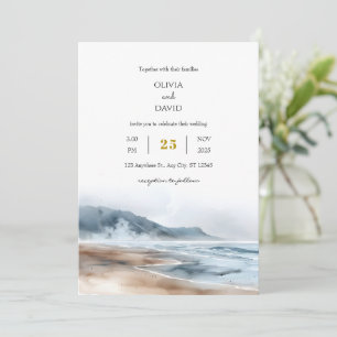Dusty Blue Coastal Misty Shoreline Beach Wedding Kaart