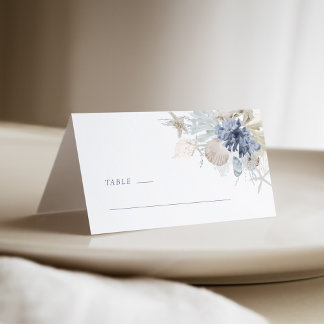 Dusty Blue Coastal Shell Wedding Place Card Plaatskaartje