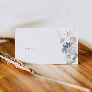 Dusty Blue Coastal Shell Wedding Place Card Side Plaatskaartje