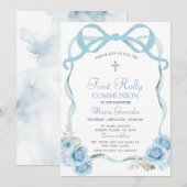 Dusty Blue Coquett Ribbon Eerste Heilige Communie Kaart (Voorkant / Achterkant)