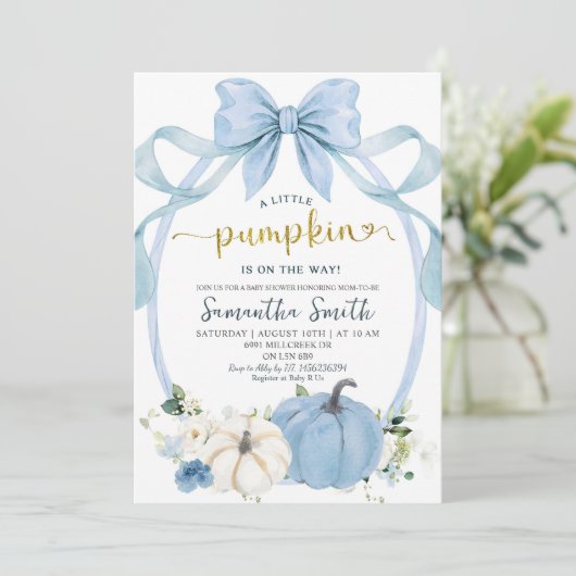 Dusty Blue Coquette Autumn Pumpkin Baby shower Kaart (Staand voorkant)