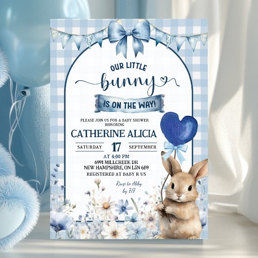 Dusty Blue Coquette Little Bunny Baby Shower Kaart