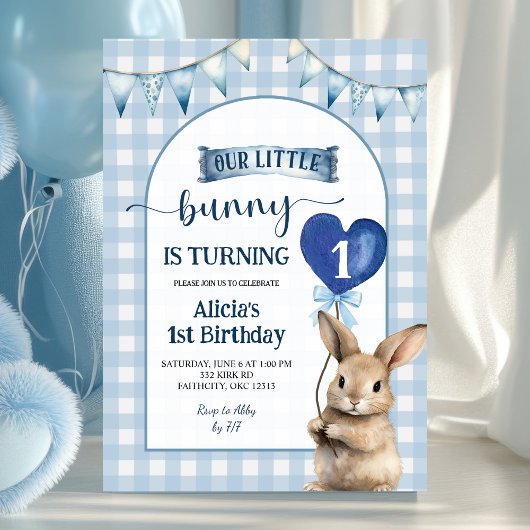 Dusty Blue Coquette Little Bunny Floral Birthday Kaart