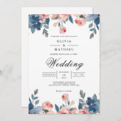 Dusty Blue & Coral Floral Romance Wedding Kaart (Voorkant / Achterkant)