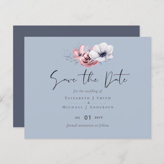 Dusty Blue Coral Floral Wedding Save Date Budget (Voorkant / Achterkant)