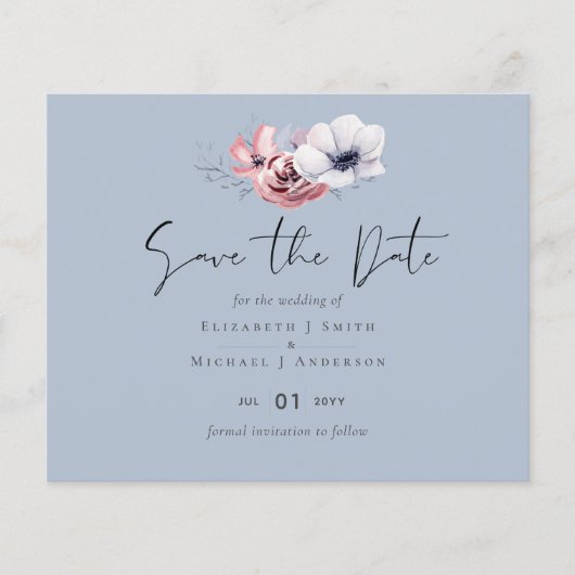 Dusty Blue Coral Floral Wedding Save Date Budget (Voorkant)