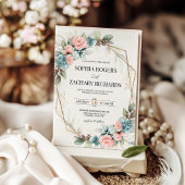 Dusty Blue Coral Pink Floral Geometric Wedding Kaart