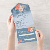 Dusty Blue & Coral Pink Waterverf Bloemenbruiloft All In One Uitnodiging (Afscheurbaar)