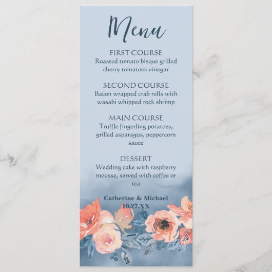 Dusty Blue & Coral Pink Waterverf Bloemenbruiloft Menu (Voorkant)