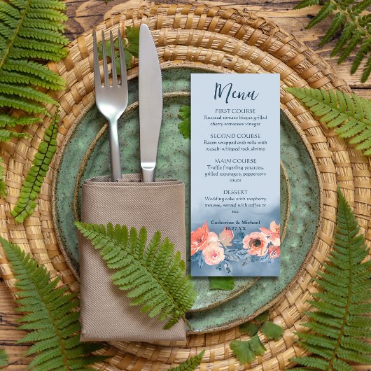 Dusty Blue & Coral Pink Waterverf Bloemenbruiloft Menu