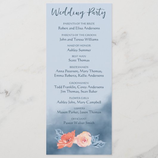 Dusty Blue & Coral Pink Waterverf Bloemenbruiloft Programmakaart (Achterkant)