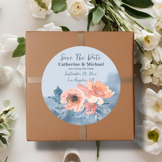 Dusty Blue & Coral Pink Waterverf Bloemenbruiloft Ronde Sticker