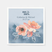 Dusty Blue & Coral Pink Waterverf Bloemenbruiloft Servet (Voorkant)
