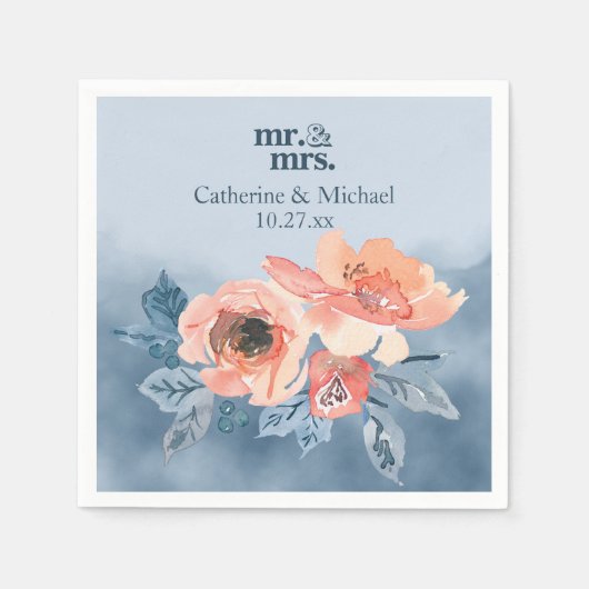 Dusty Blue & Coral Pink Waterverf Bloemenbruiloft Servet (Voorkant)