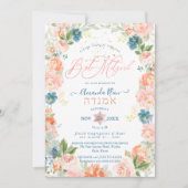 Dusty Blue + Coral Waterverf Flowers Bat Mitzvah Kaart (Voorkant)