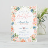 Dusty Blue + Coral Waterverf Flowers Bat Mitzvah Kaart (Staand voorkant)
