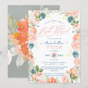 Dusty Blue+Coral Waterverf Flowers Bat Mitzvah Kaart