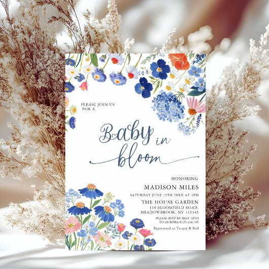 Dusty Blue Cornflower Meadow Baby in Bloom Shower Kaart