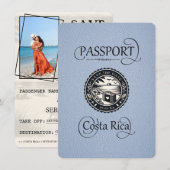 Dusty Blue Costa Rica Passport Save The Date (Voorkant / Achterkant)
