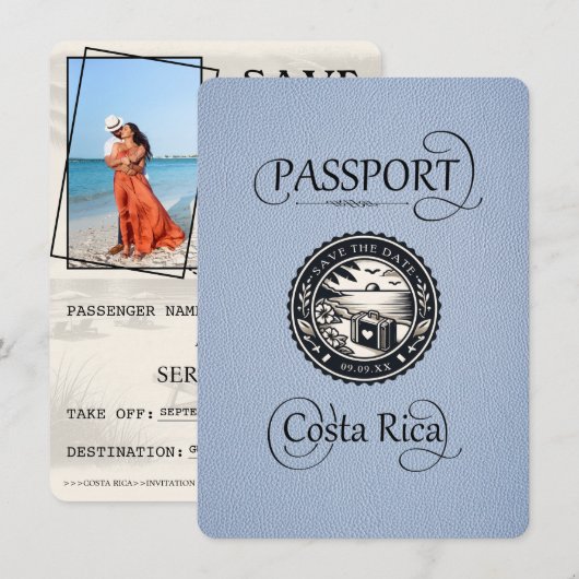Dusty Blue Costa Rica Passport Save The Date (Voorkant / Achterkant)