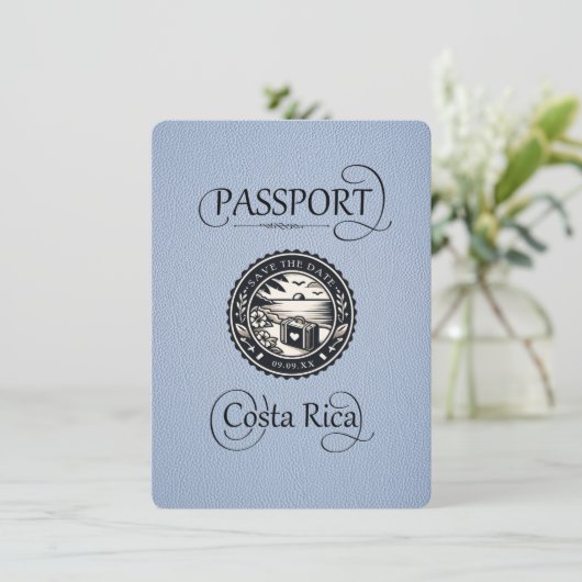 Dusty Blue Costa Rica Passport Save The Date (Staand voorkant)