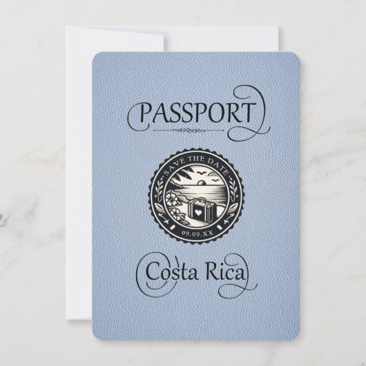 Dusty Blue Costa Rica Passport Save The Date (Voorkant)