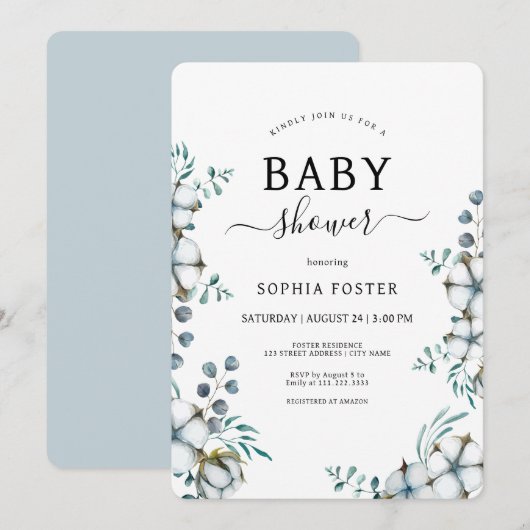 Dusty Blue Cotton Flowers botanisch Baby shower Kaart (Voorkant / Achterkant)