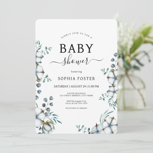 Dusty Blue Cotton Flowers botanisch Baby shower Kaart (Staand voorkant)