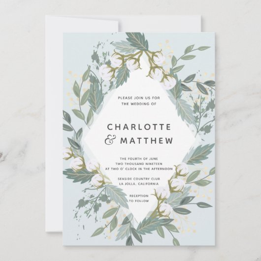 Dusty Blue Cotton Garden Diamond Botanische bruilo Kaart (Voorkant)