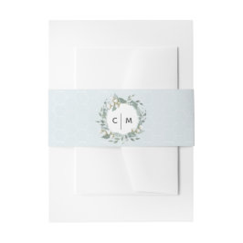 Dusty Blue Cotton Wreath Monogram Belly Band Uitnodigingen Wikkel