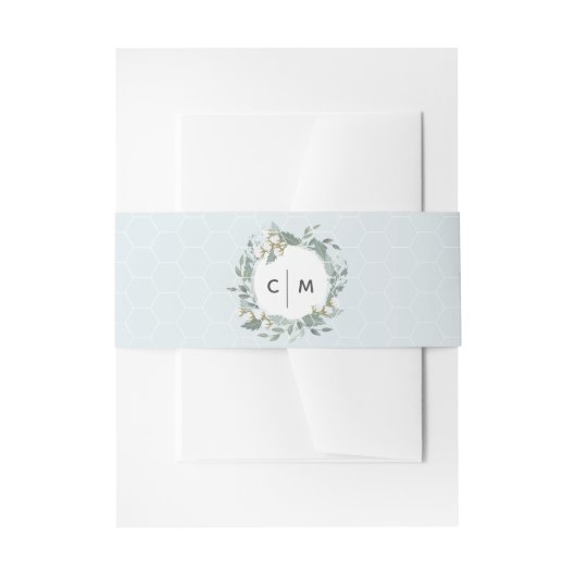 Dusty Blue Cotton Wreath Monogram Belly Band Uitnodigingen Wikkel (Voorkant Voorbeeld)
