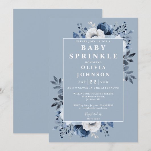 Dusty Blue Country Floral Sprinkle Baby shower Kaart (Voorkant / Achterkant)