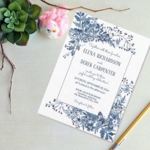 Dusty Blue Country Flowers Waterverf Art Wedding Kaart