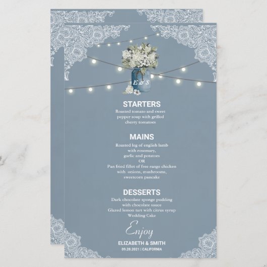 Dusty Blue Country Gecombineerd Wit Lace Weddensch (Voorkant / Achterkant)