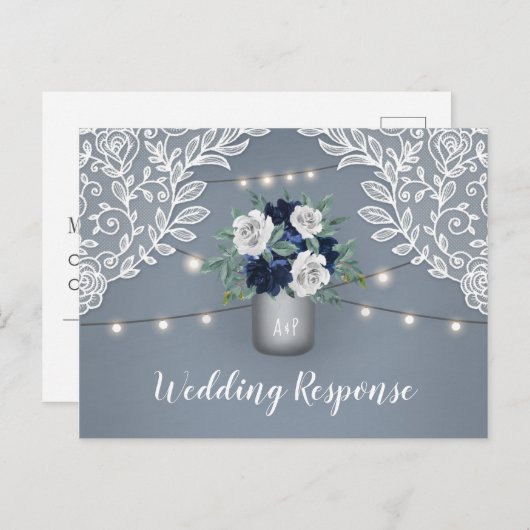 Dusty Blue Country Lace Mason Jar Bruiloft RSVP Uitnodiging Briefkaart (Voorkant / Achterkant)