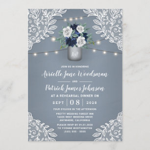 Dusty Blue Country Lace Mason Jar repetitie diner Kaart