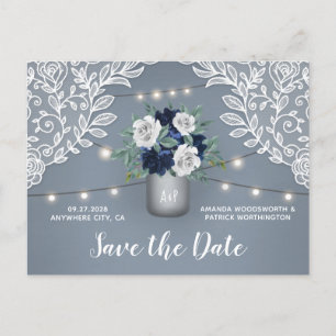 Dusty Blue Country Lace Mason Jar Save the Date Aankondigingskaart