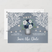 Dusty Blue Country Lace Mason Jar Save the Date Aankondigingskaart (Voorkant / Achterkant)