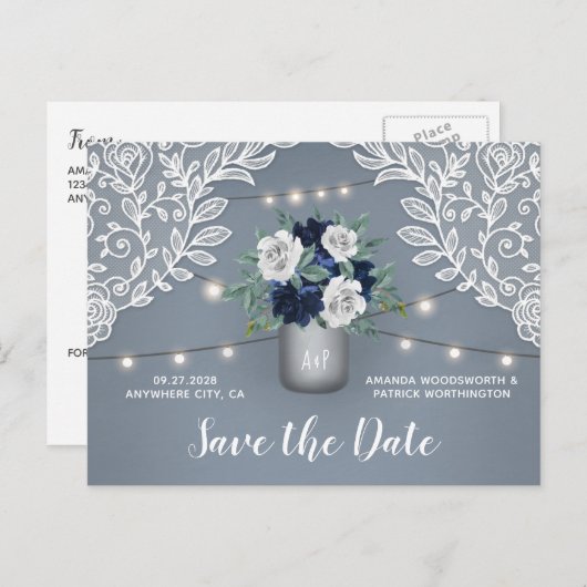 Dusty Blue Country Lace Mason Jar Save the Date Aankondigingskaart (Voorkant / Achterkant)