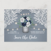 Dusty Blue Country Lace Mason Jar Save the Date Aankondigingskaart (Voorkant)
