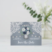 Dusty Blue Country Lace Mason Jar Save the Date Aankondigingskaart (Staand voorkant)