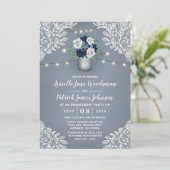 Dusty Blue Country Lace Mason Jar Verlovingsfeest Kaart (Staand voorkant)