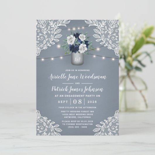 Dusty Blue Country Lace Mason Jar Verlovingsfeest Kaart (Staand voorkant)