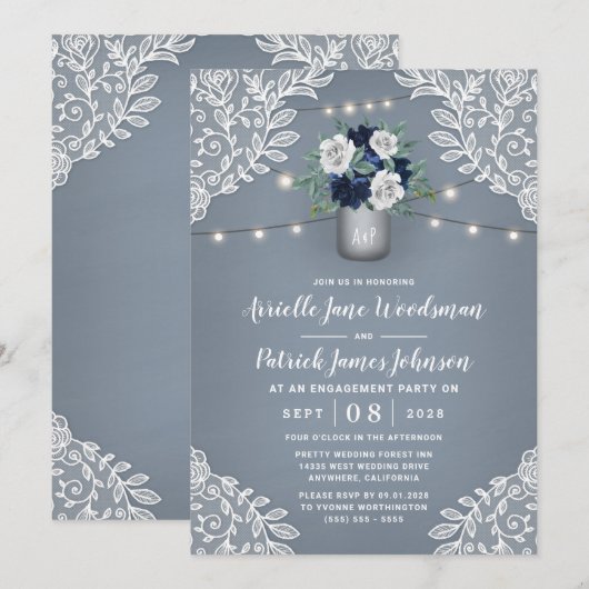 Dusty Blue Country Lace Mason Jar Verlovingsfeest Kaart (Voorkant / Achterkant)